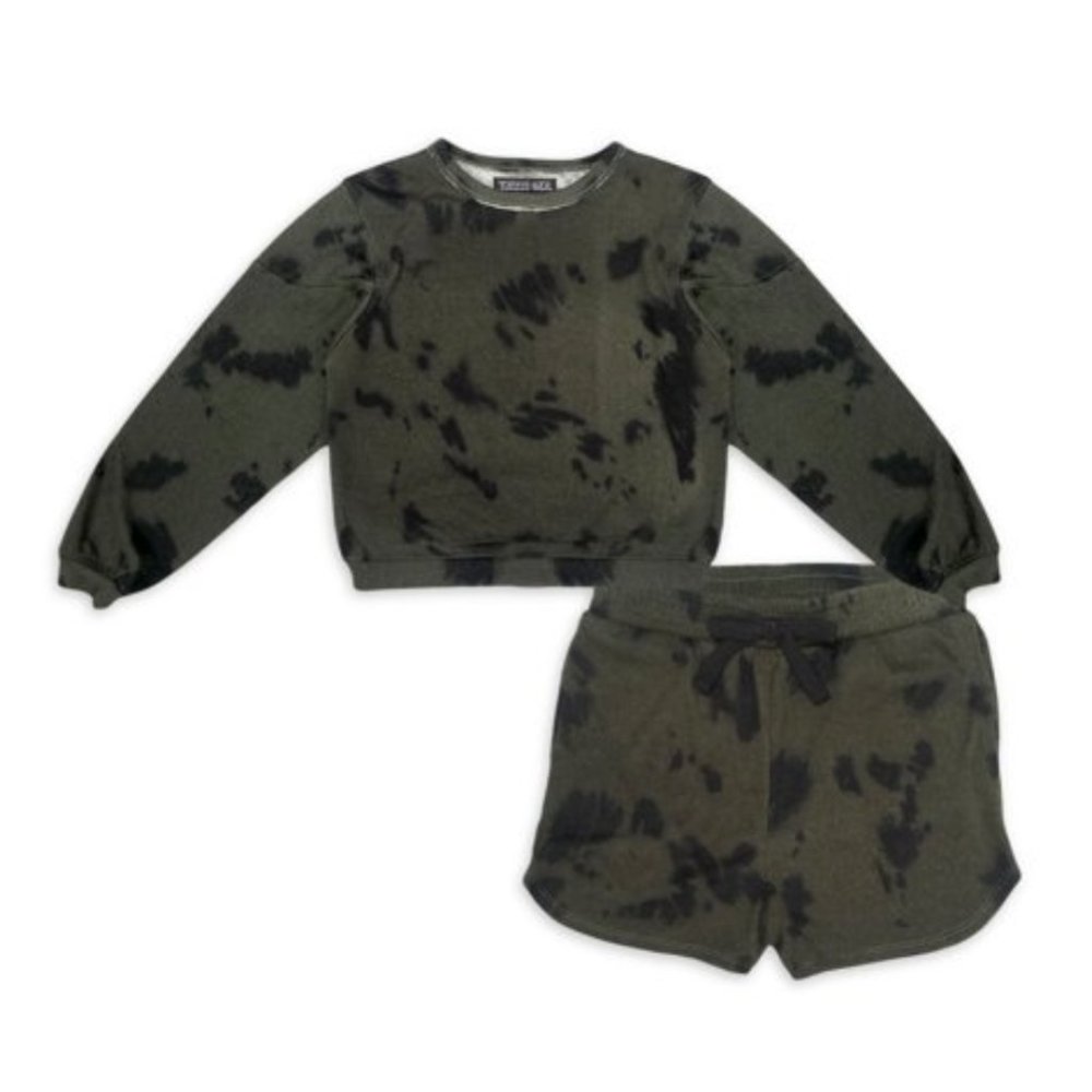 NEW Trixxi Girls Nordstrom Olive Tie Dye Crewneck Sweatshirt Shorts 2-Piece Set